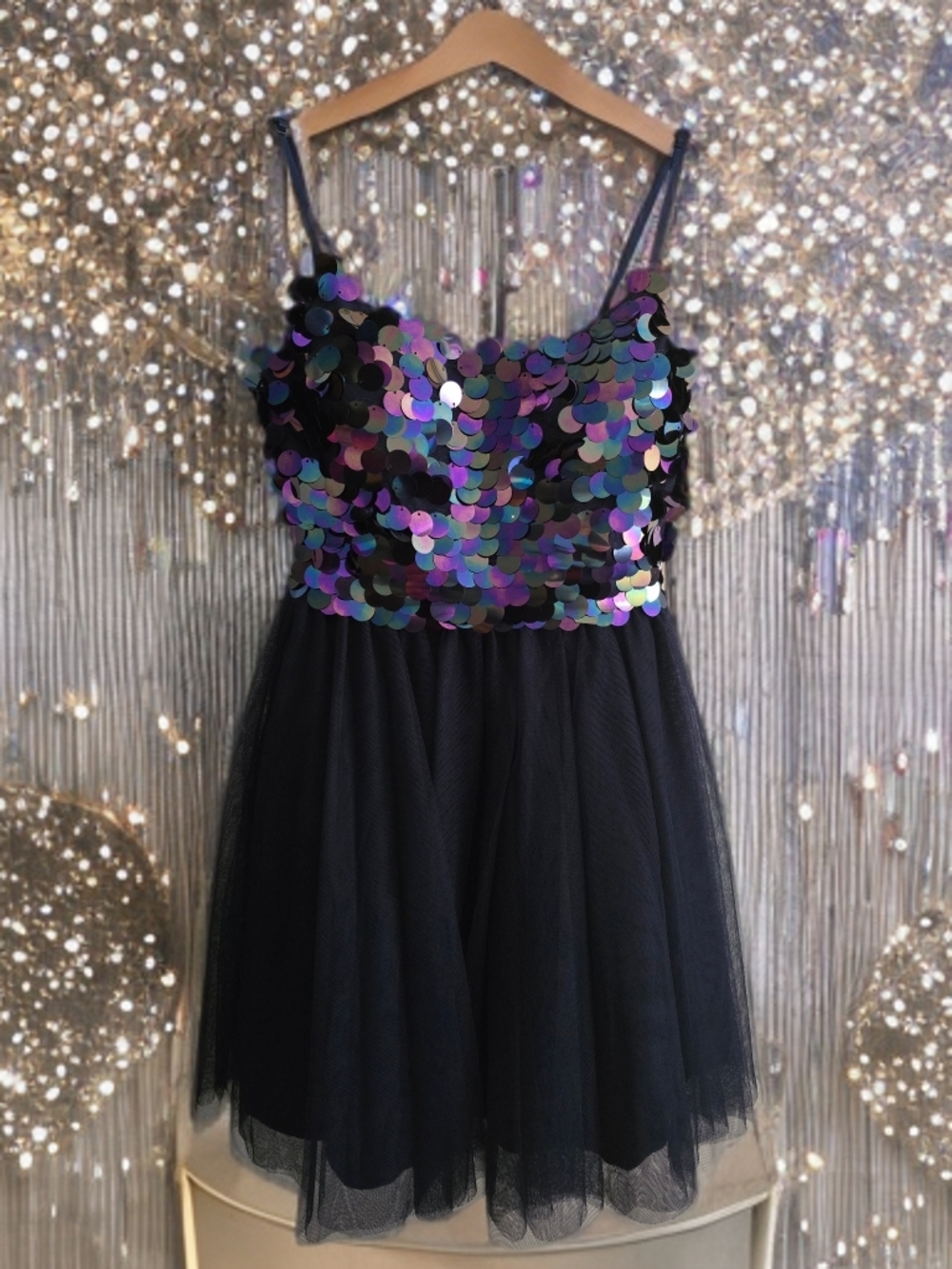 🧚‍♀️JUST ADDED🧚‍ City Studio Navy  Sequin Bodice Mini Dress w Iridescent Discs
